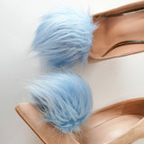 light blue faux fur pompom shoe clips