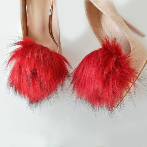 red faux fur pompom shoe clips