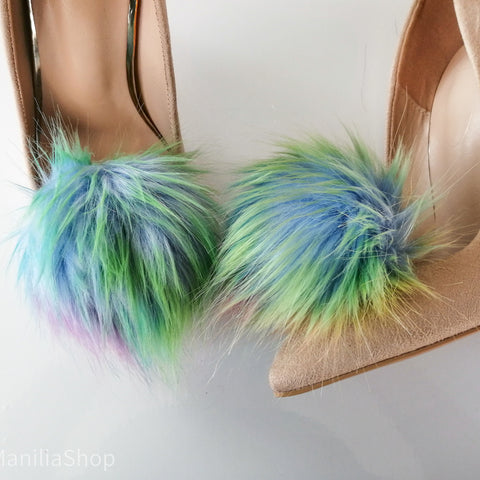 Rainbow faux fur pompoms shoe clips